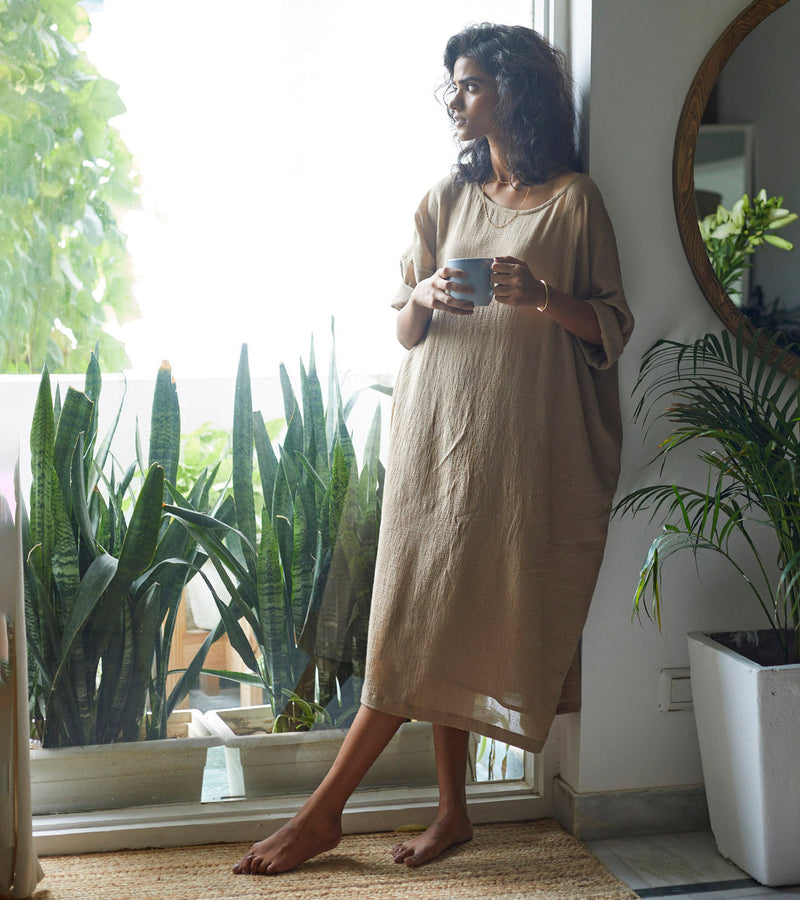 Oatmeal Kaftan Lounge Wear by Khara Kapas for women in Singapore