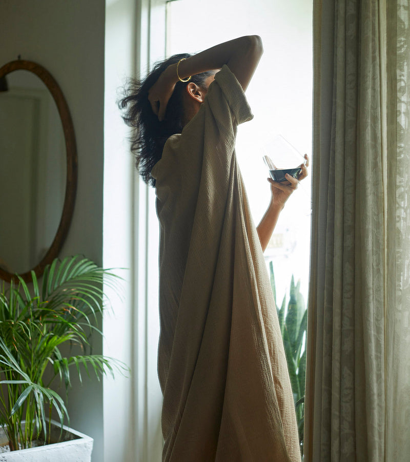 Oatmeal Kaftan Lounge Wear by Khara Kapas for women in Singapore