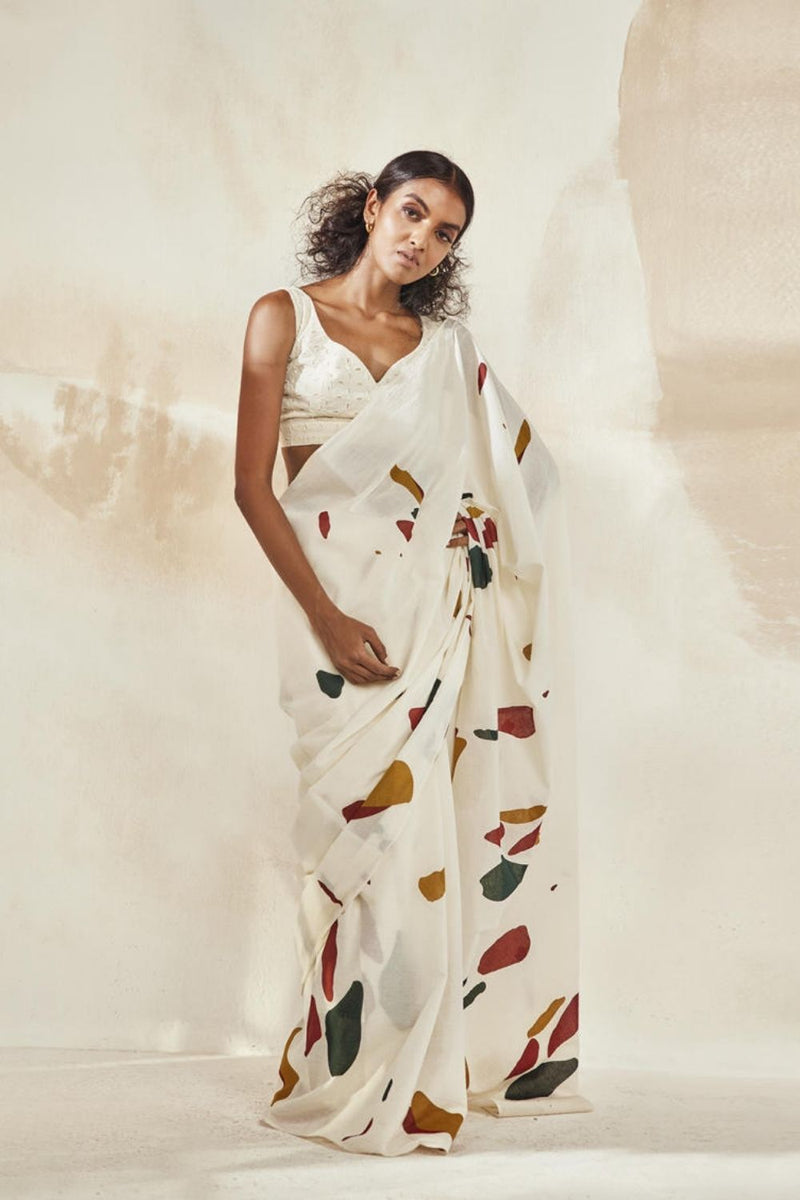 Olio Mosaic Saree Sarees by Khara Kapas in white for women in Singapore