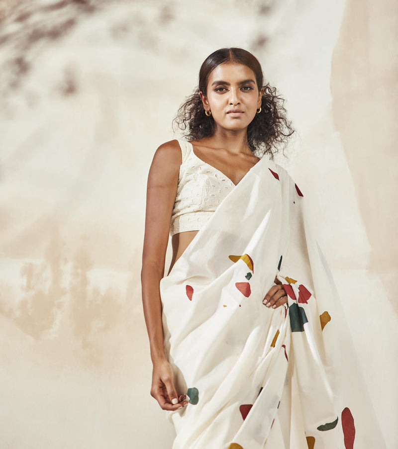 Olio Mosaic Saree Sarees by Khara Kapas in white for women in Singapore
