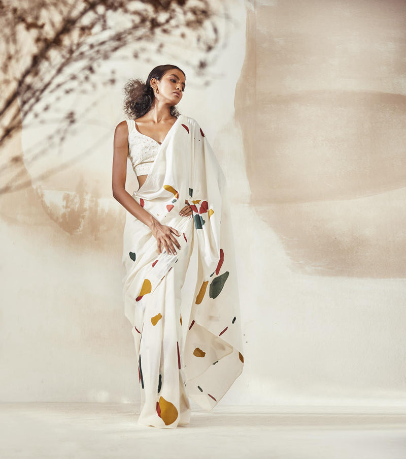 Olio Mosaic Saree Sarees by Khara Kapas in white for women in Singapore