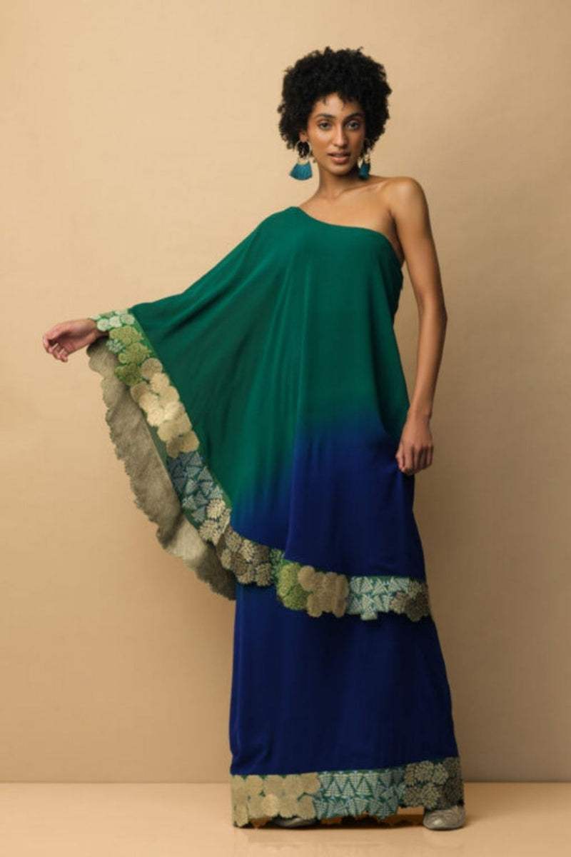 Ombre Banaras Bloom Toga dress Emerald Green & Royal Blue Ombre Banaras Bloom toga dress emerald green & royal blue by Mallika Mathur by Mallika Mathur for women in Singapore
