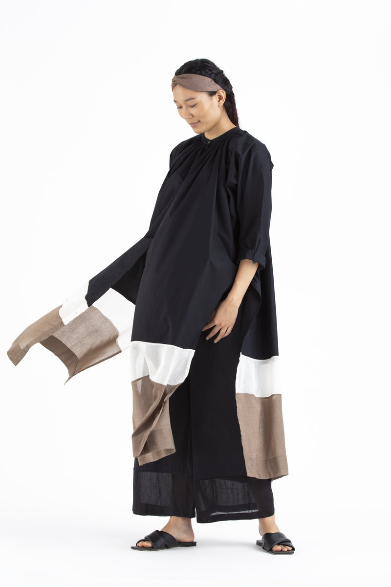 Panel Gather Neck Co-ord- Black linen Co-ord Set by THREE for women in Singapore