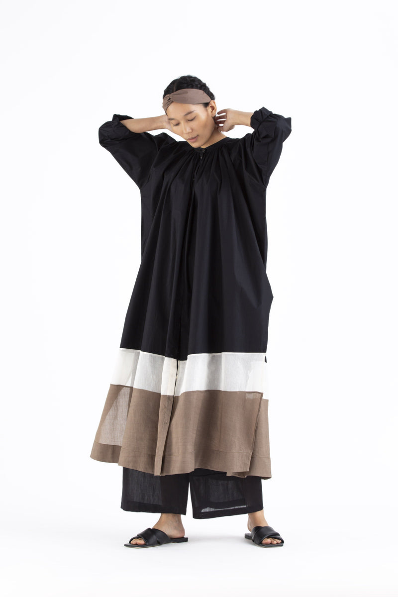 Panel Gather Neck Co-ord- Black linen Co-ord Set by THREE for women in Singapore