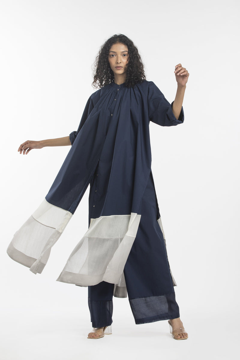 PANEL GATHER NECK SHIRT-NAVY by THREE for women in Singapore