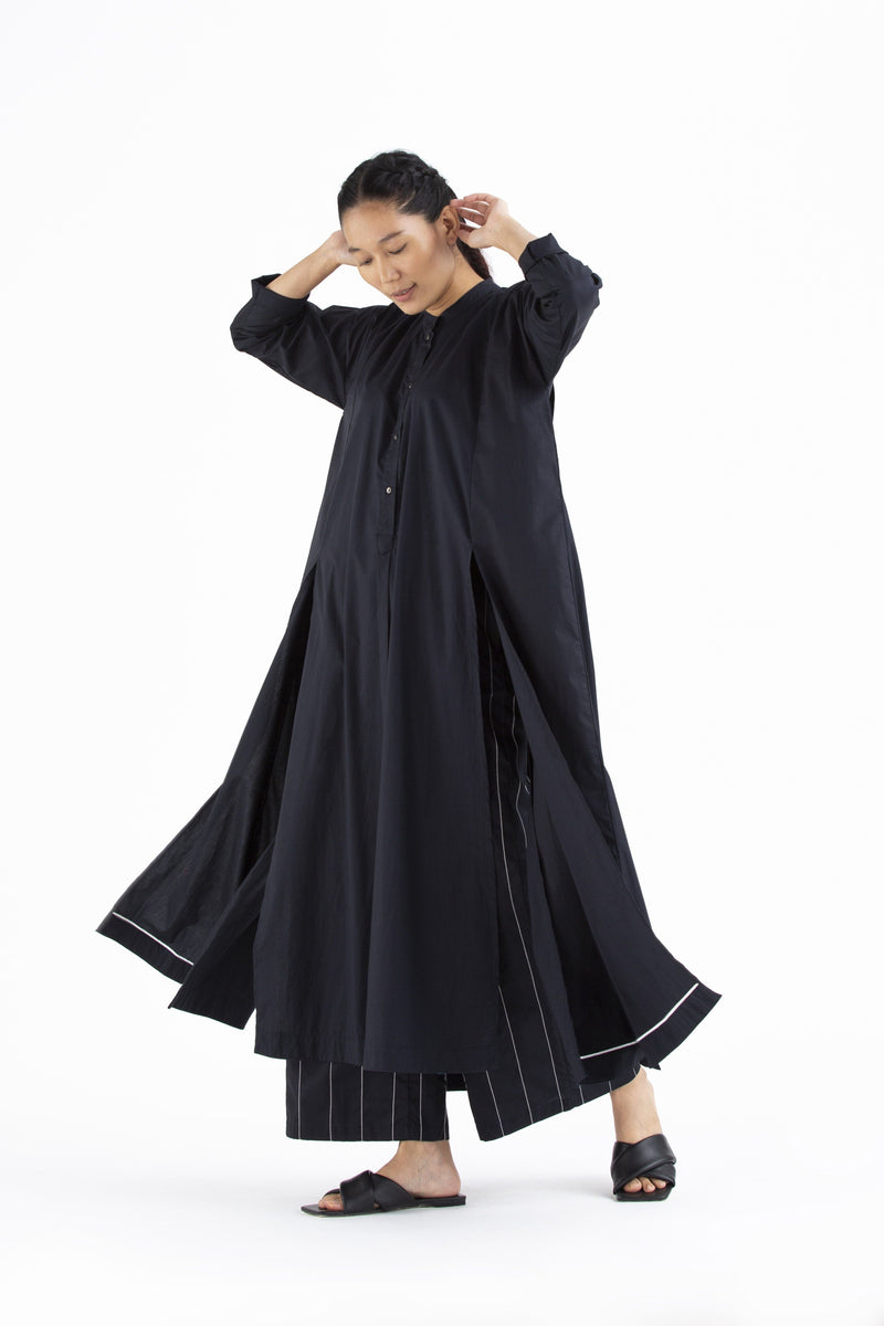 Panel Slit Shirt- Black linen by THREE for women in Singapore