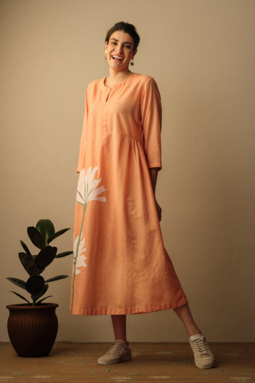 Peony Flower Appliqué Dress Peach Peony flower applique dress peach by Mallika Mathur by Mallika Mathur for women in Singapore