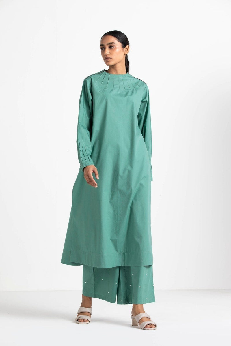 Pintuck Neck Tunic Mineral Green linen Top & Tunics by THREE for women in Singapore