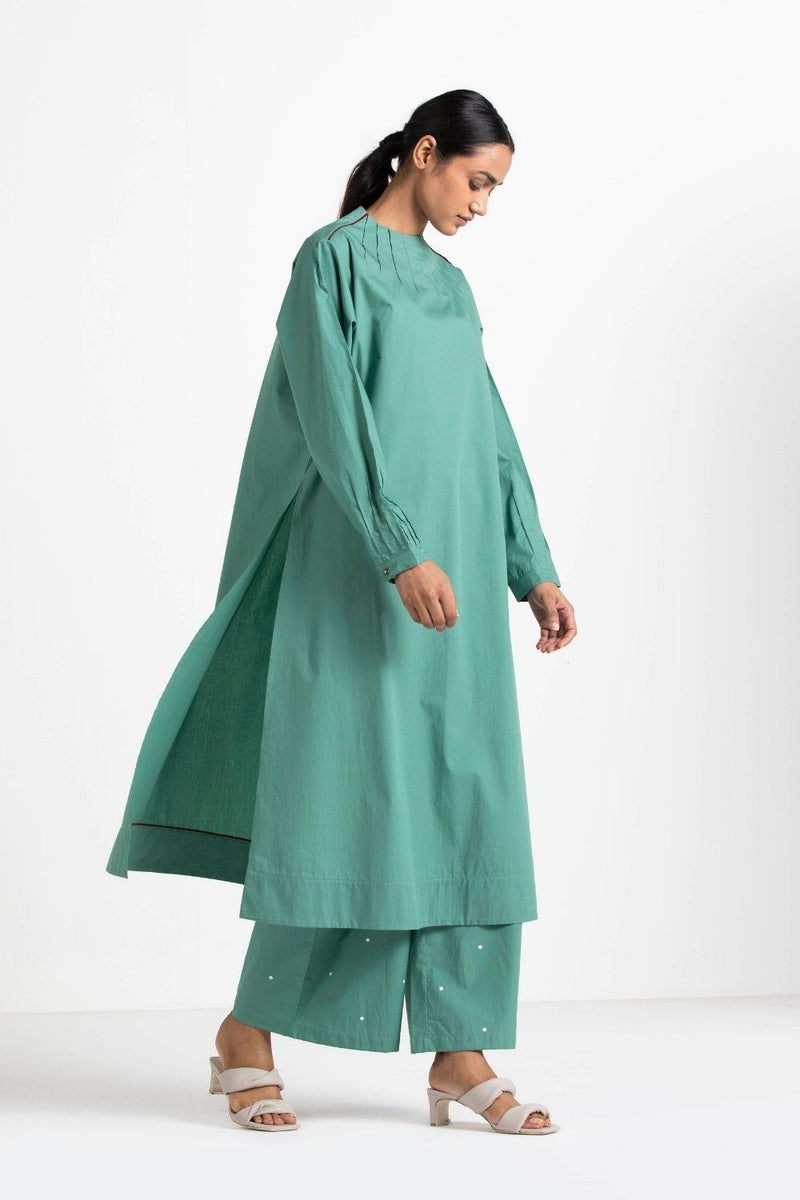 Pintuck Neck Tunic Mineral Green linen Top & Tunics by THREE for women in Singapore