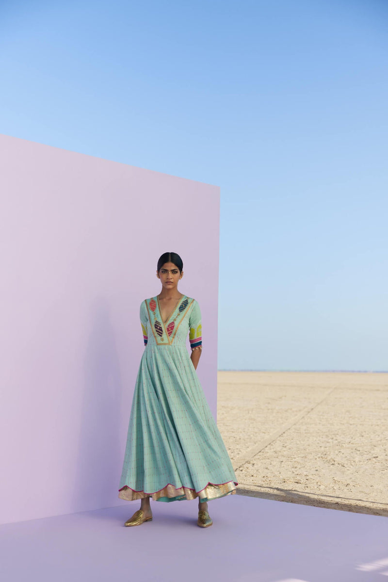 POWDER BLUE PRINTED ANARKALI SET Kurta Sets by Rajiramniq for women in Singapore