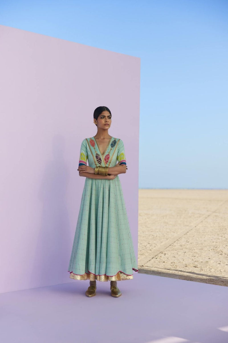 POWDER BLUE PRINTED ANARKALI SET Kurta Sets by Rajiramniq for women in Singapore