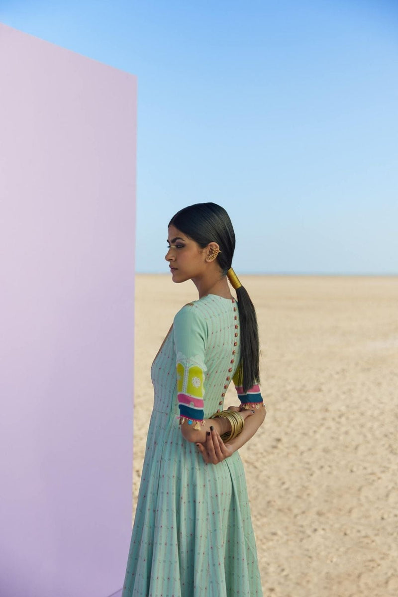 POWDER BLUE PRINTED ANARKALI SET Kurta Sets by Rajiramniq for women in Singapore