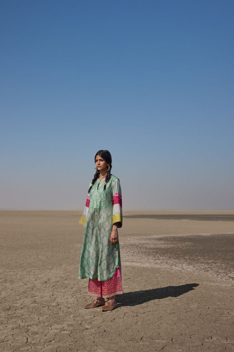 POWDER BLUE PRINTED SILK BACK PLEAT KURTA SET Kurta Sets by Rajiramniq for women in Singapore