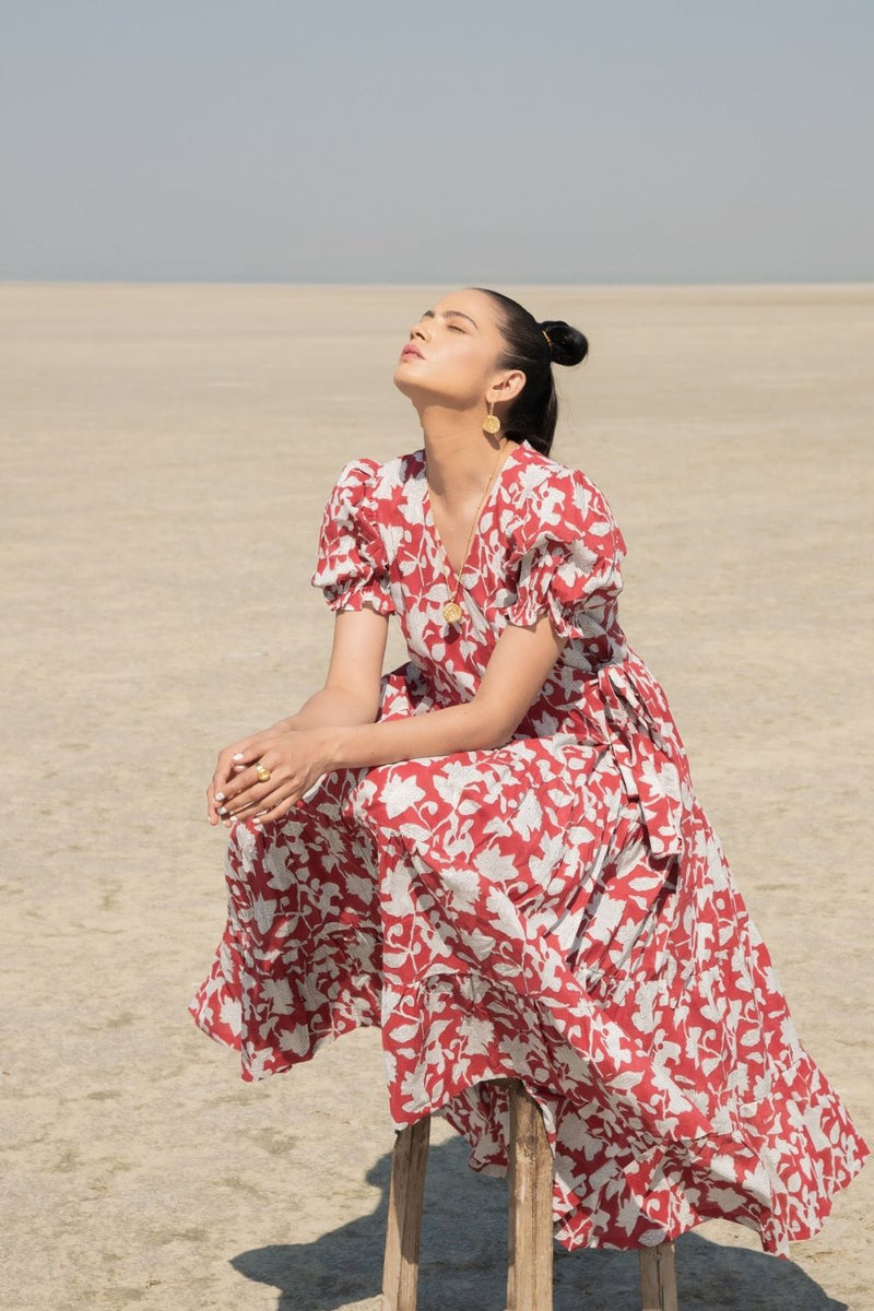 Red Lilies Tier Wrap Dress Fashion Marche