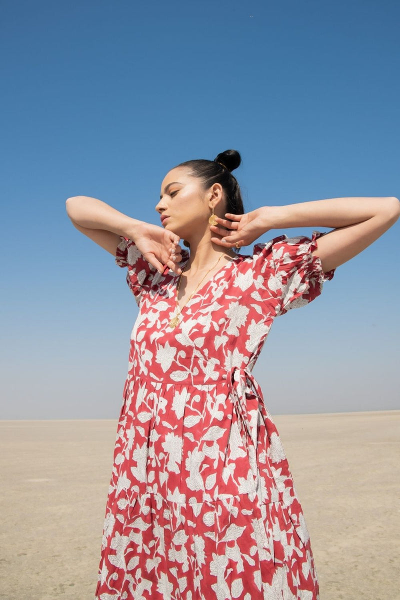 Red Lilies Tier Wrap Dress Fashion Marche