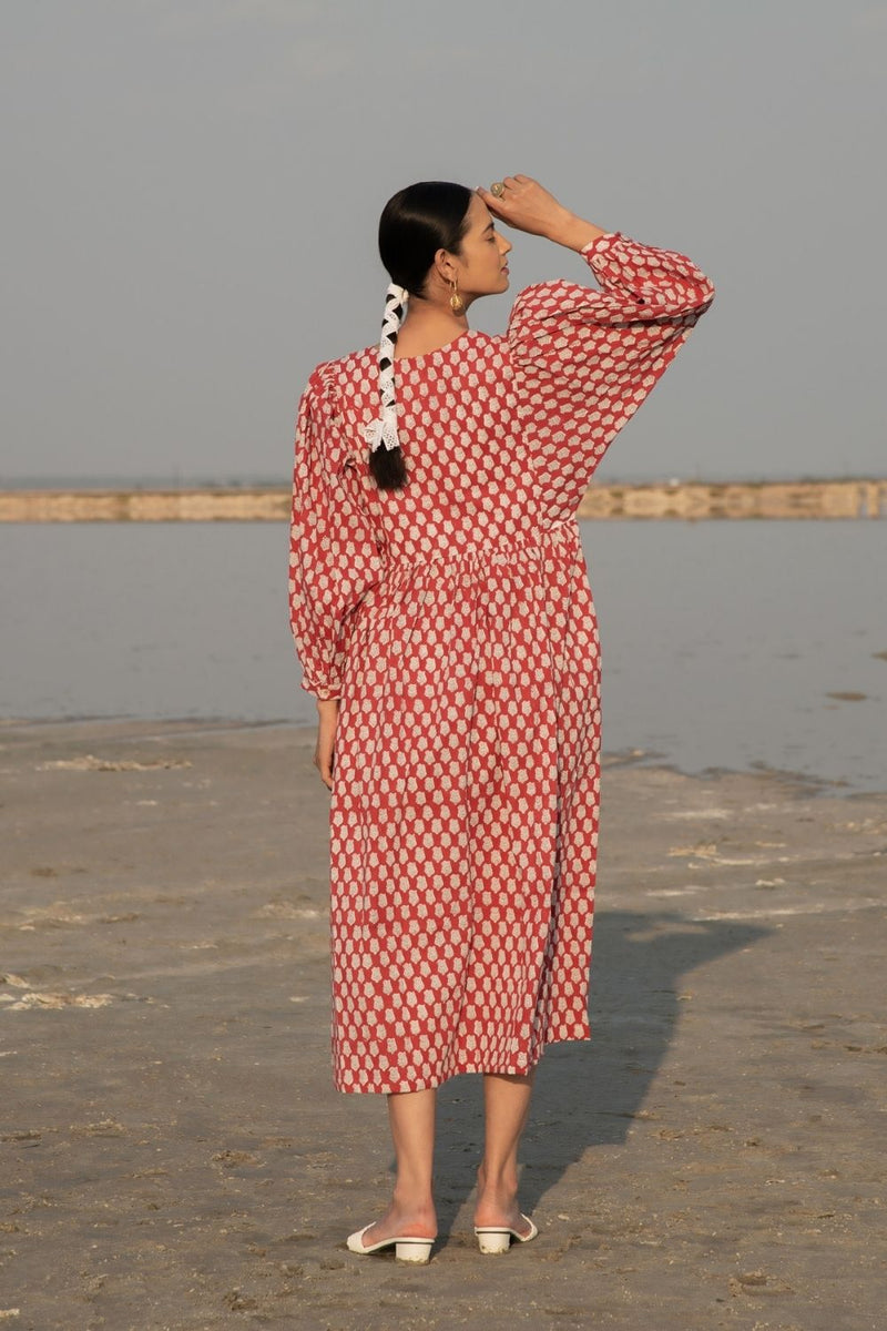 Red Lotus Gather Dress Fashion Marche