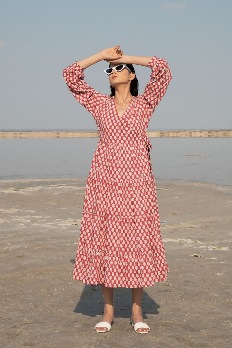 Red Lotus Tier Wrap Dress Fashion Marche