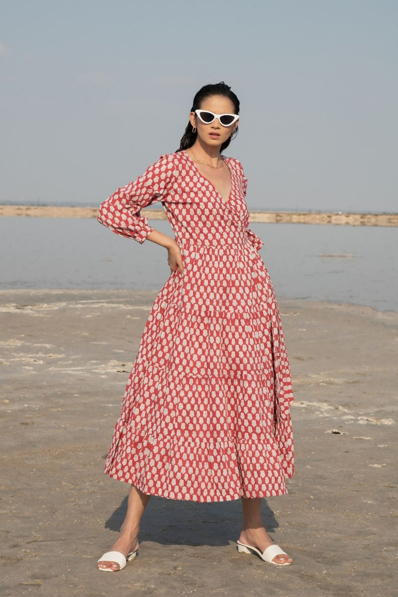 Red Lotus Tier Wrap Dress Fashion Marche