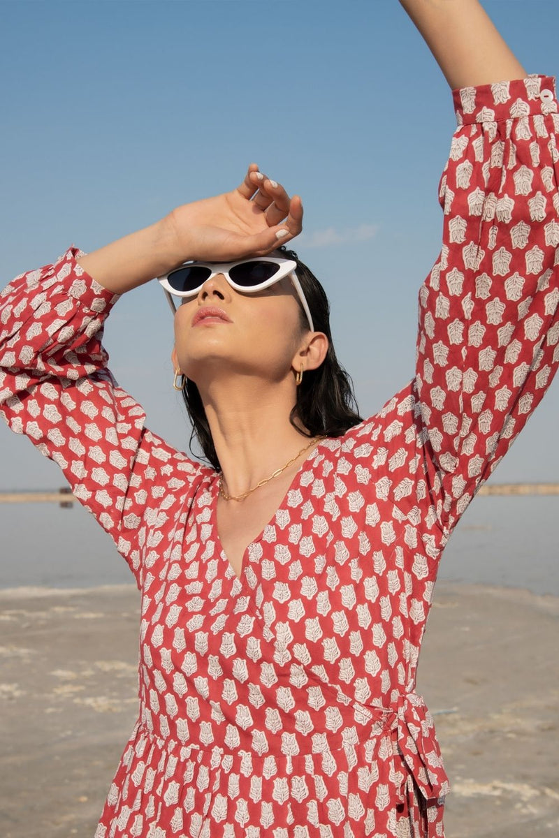 Red Lotus Tier Wrap Dress Fashion Marche