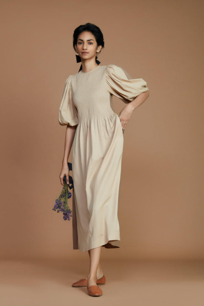Reversible Smocked Balloon Sleeve Beige & Ivory Dress Dress by Mati for women in Singapore