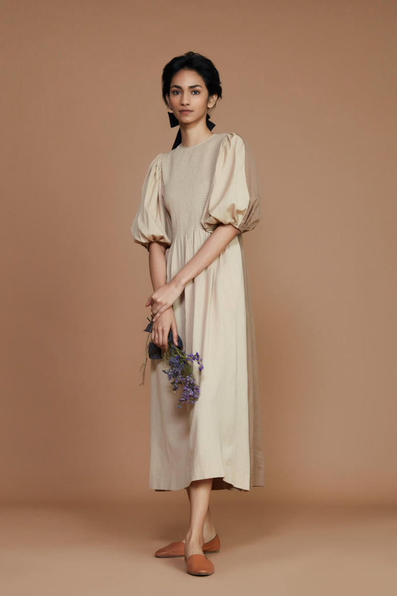 Reversible Smocked Balloon Sleeve Beige & Ivory Dress Dress by Mati for women in Singapore