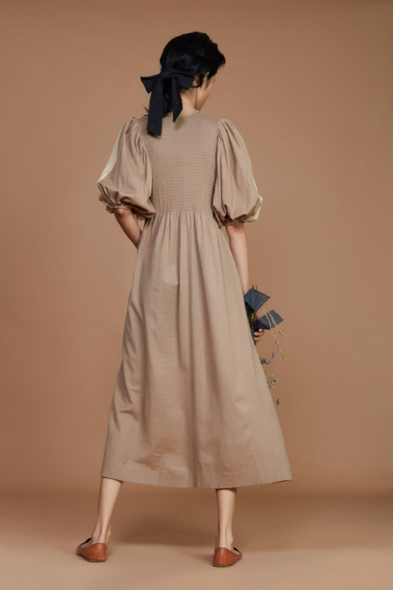Reversible Smocked Balloon Sleeve Beige & Ivory Dress Dress by Mati for women in Singapore