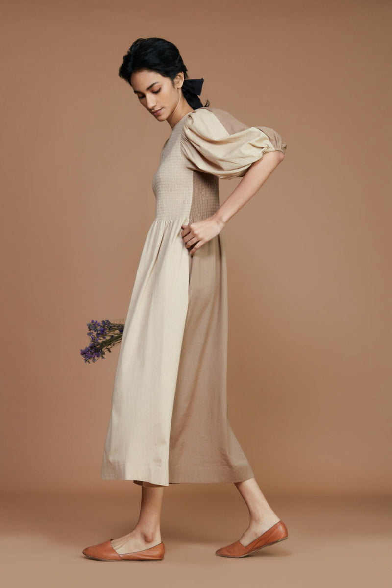 Reversible Smocked Balloon Sleeve Beige & Ivory Dress Dress by Mati for women in Singapore