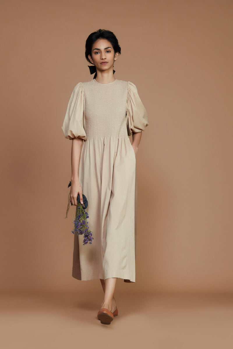 Reversible Smocked Balloon Sleeve Beige & Ivory Dress Dress by Mati for women in Singapore