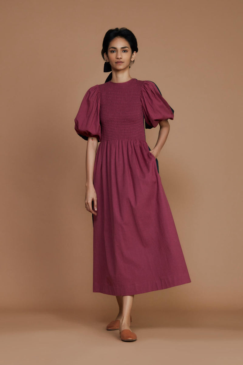 Reversible Smocked Balloon Sleeve Charcoal & Mauve Dress Dress by Mati for women in Singapore
