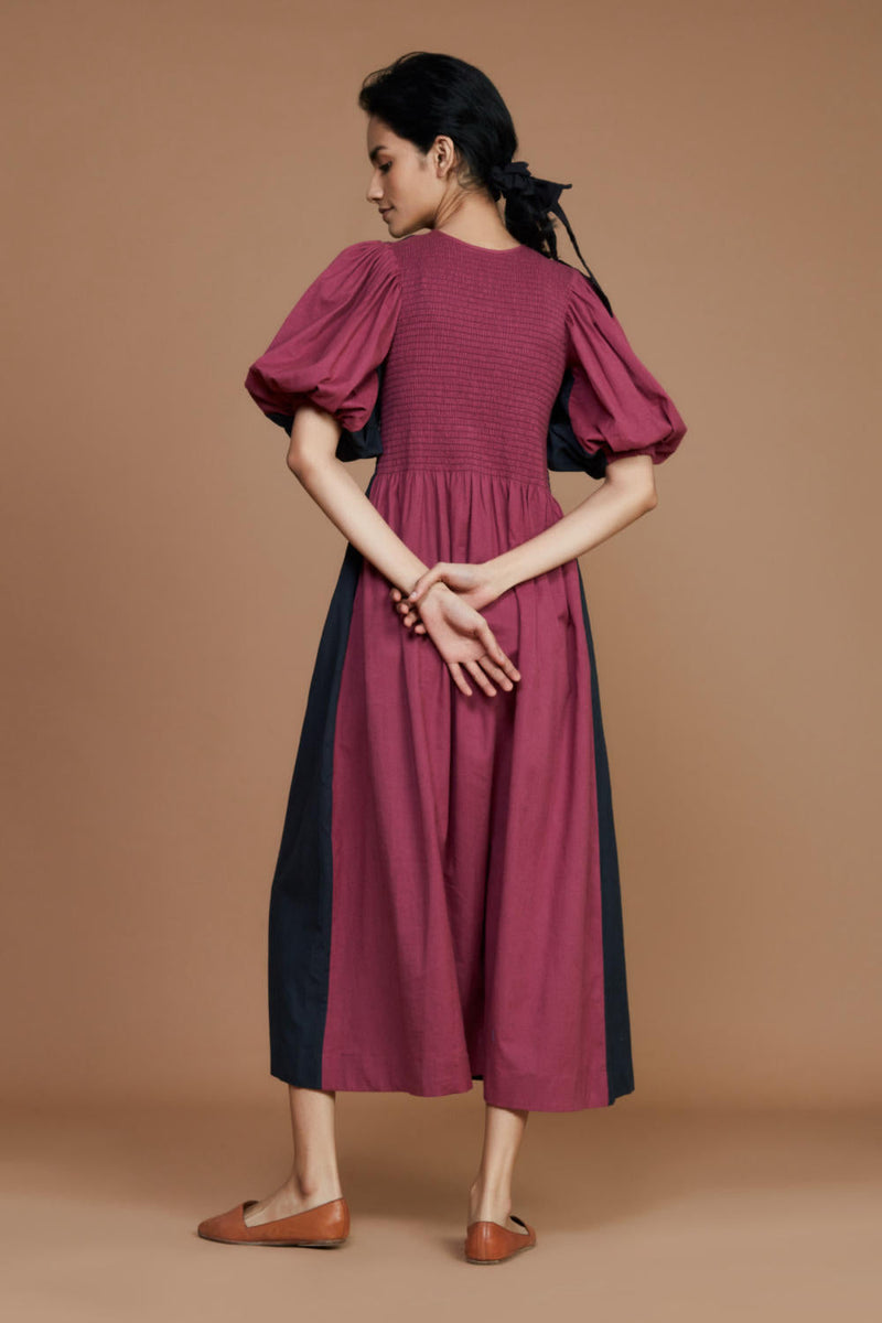 Reversible Smocked Balloon Sleeve Charcoal & Mauve Dress Dress by Mati for women in Singapore
