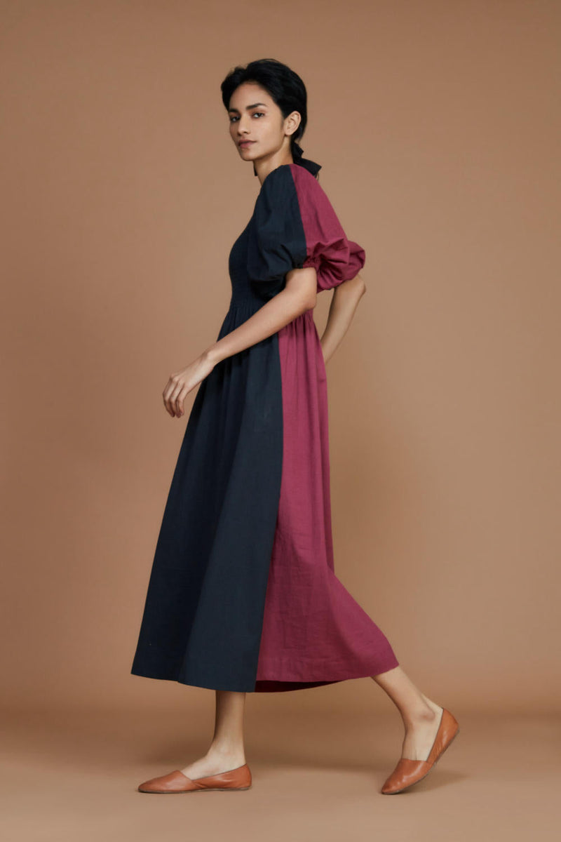Reversible Smocked Balloon Sleeve Charcoal & Mauve Dress Dress by Mati for women in Singapore