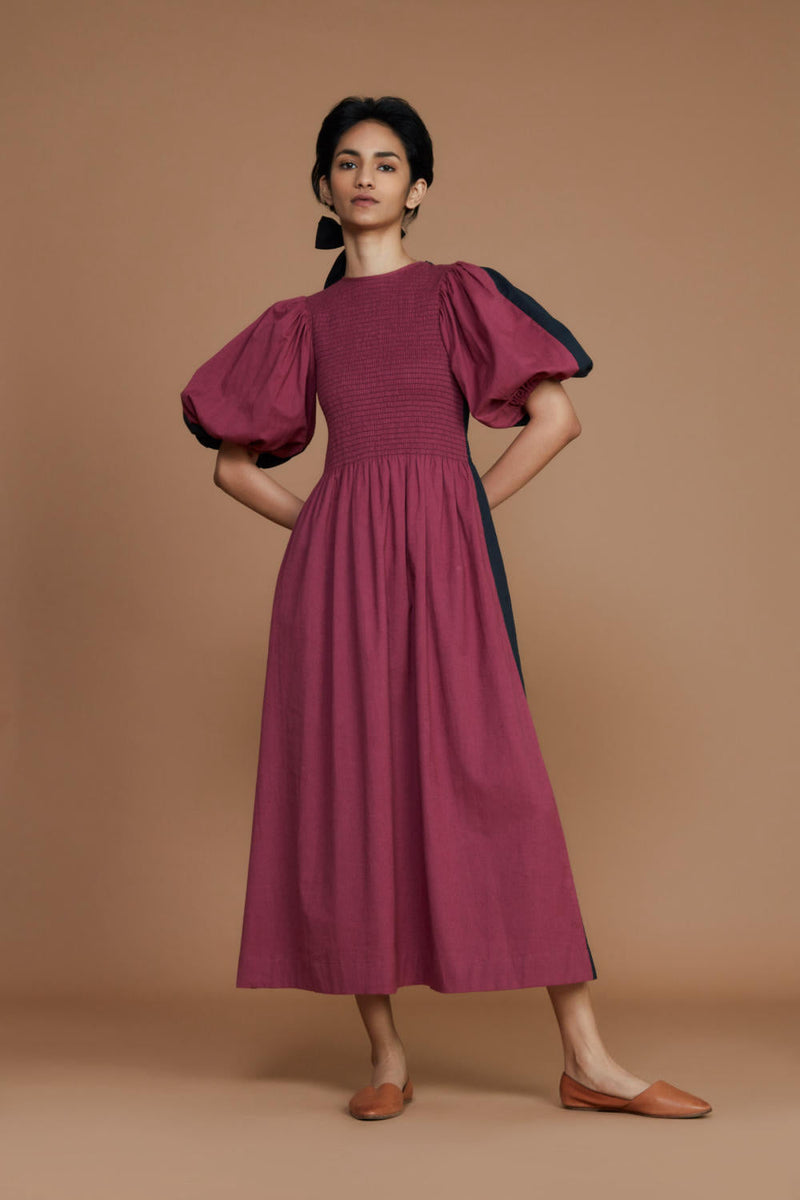 Reversible Smocked Balloon Sleeve Charcoal & Mauve Dress Dress by Mati for women in Singapore