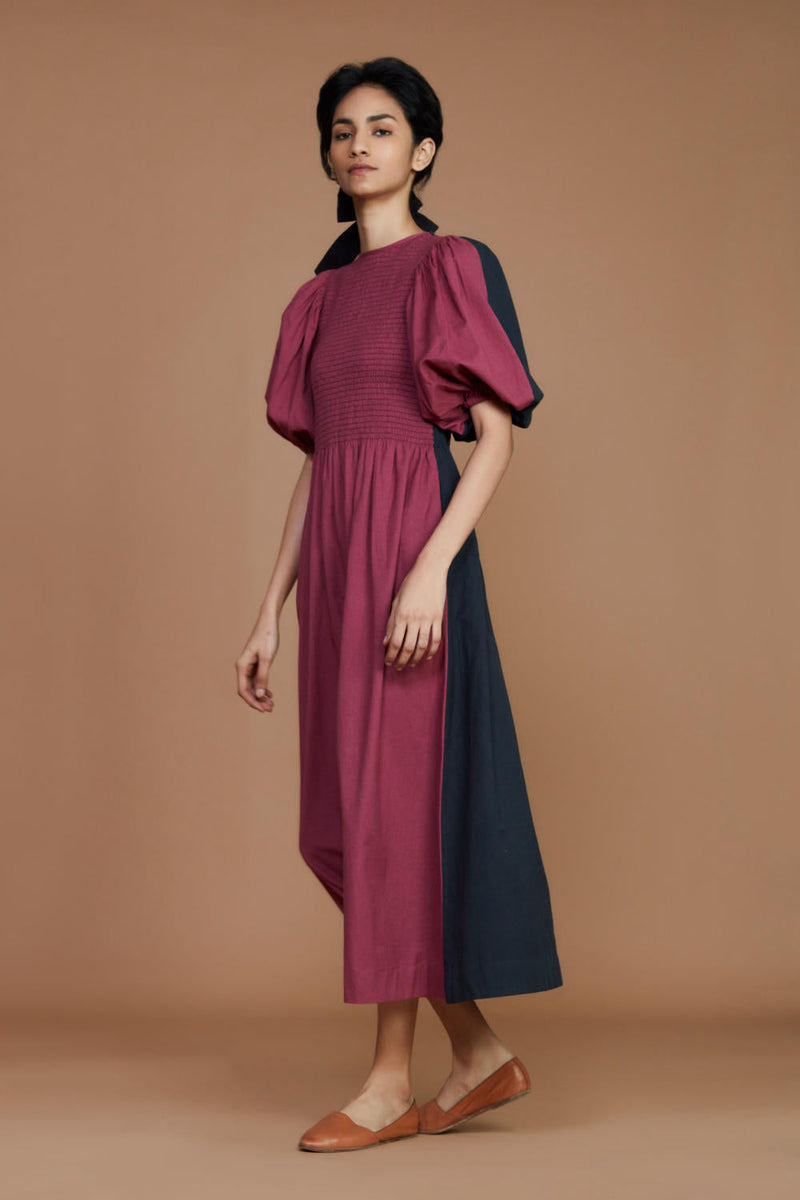 Reversible Smocked Balloon Sleeve Charcoal & Mauve Dress Dress by Mati for women in Singapore