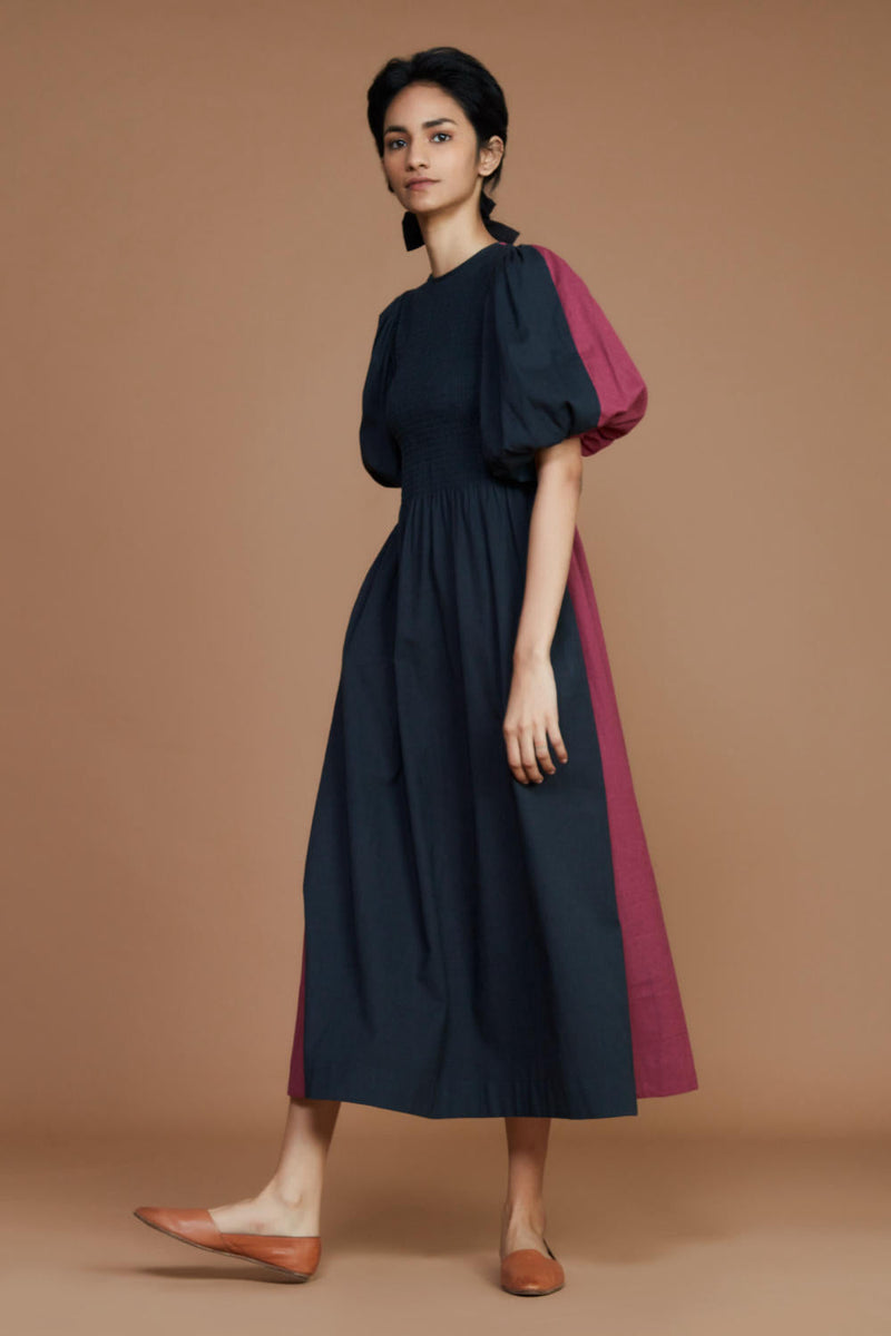 Reversible Smocked Balloon Sleeve Charcoal & Mauve Dress Dress by Mati for women in Singapore