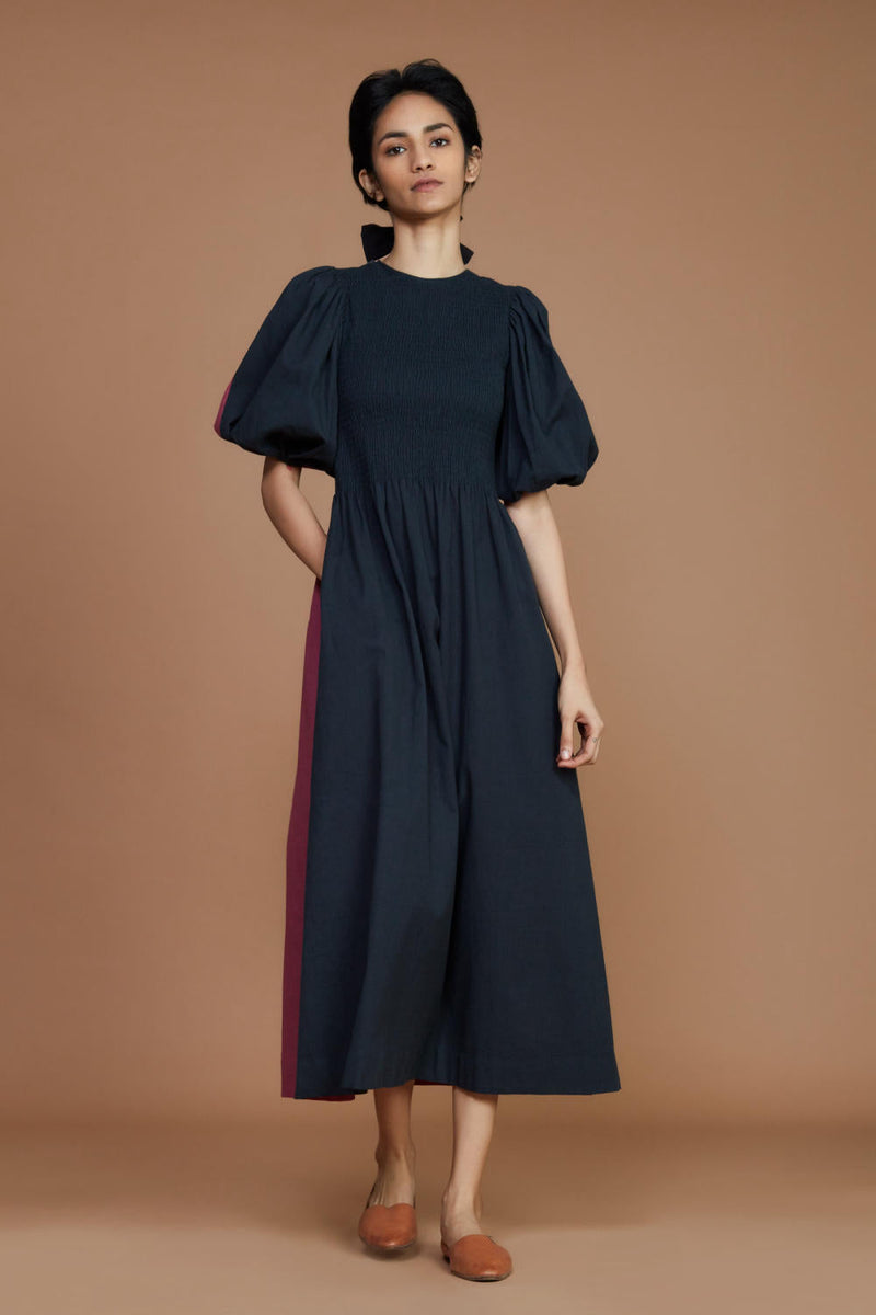Reversible Smocked Balloon Sleeve Charcoal & Mauve Dress Dress by Mati for women in Singapore