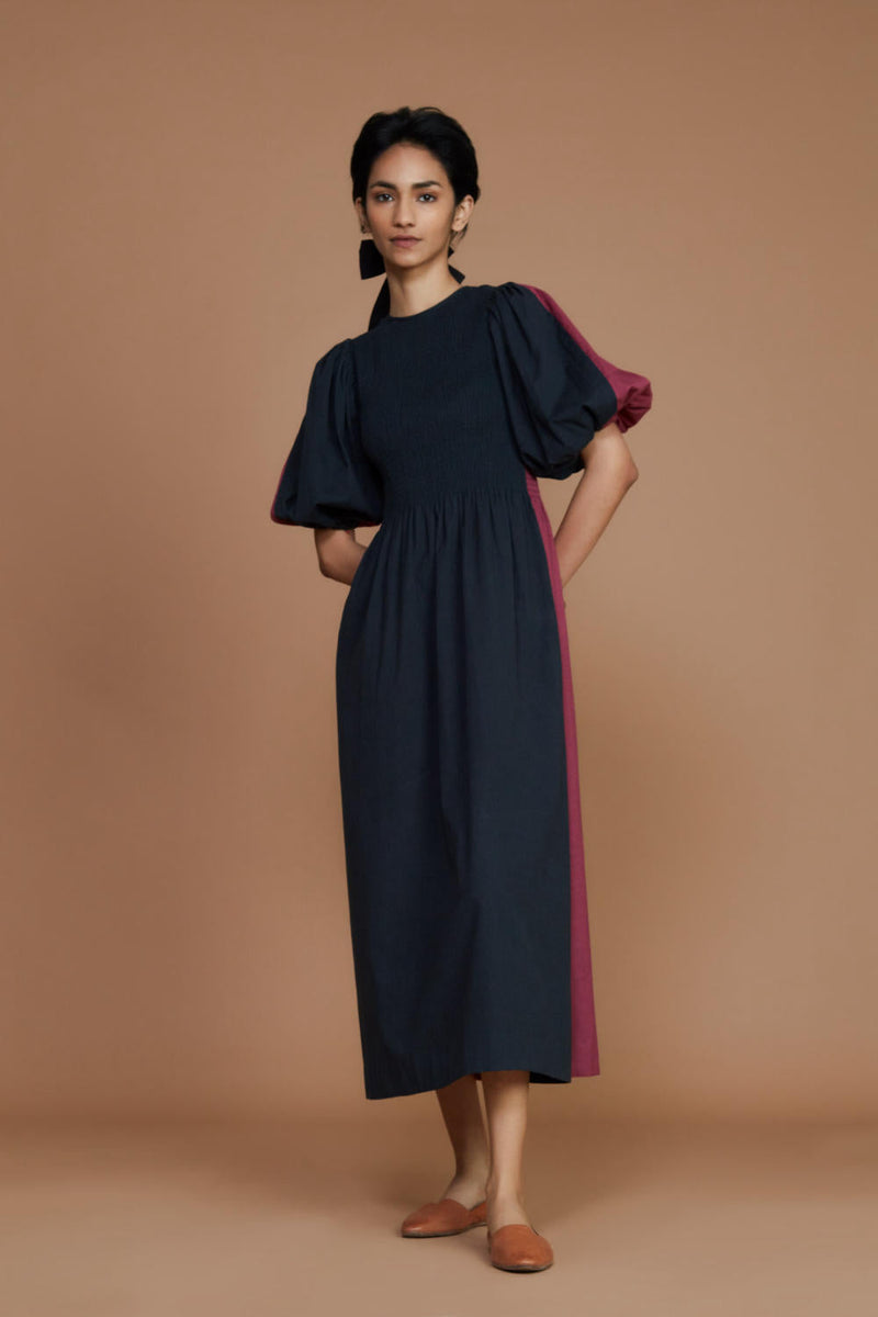 Reversible Smocked Balloon Sleeve Charcoal & Mauve Dress Dress by Mati for women in Singapore