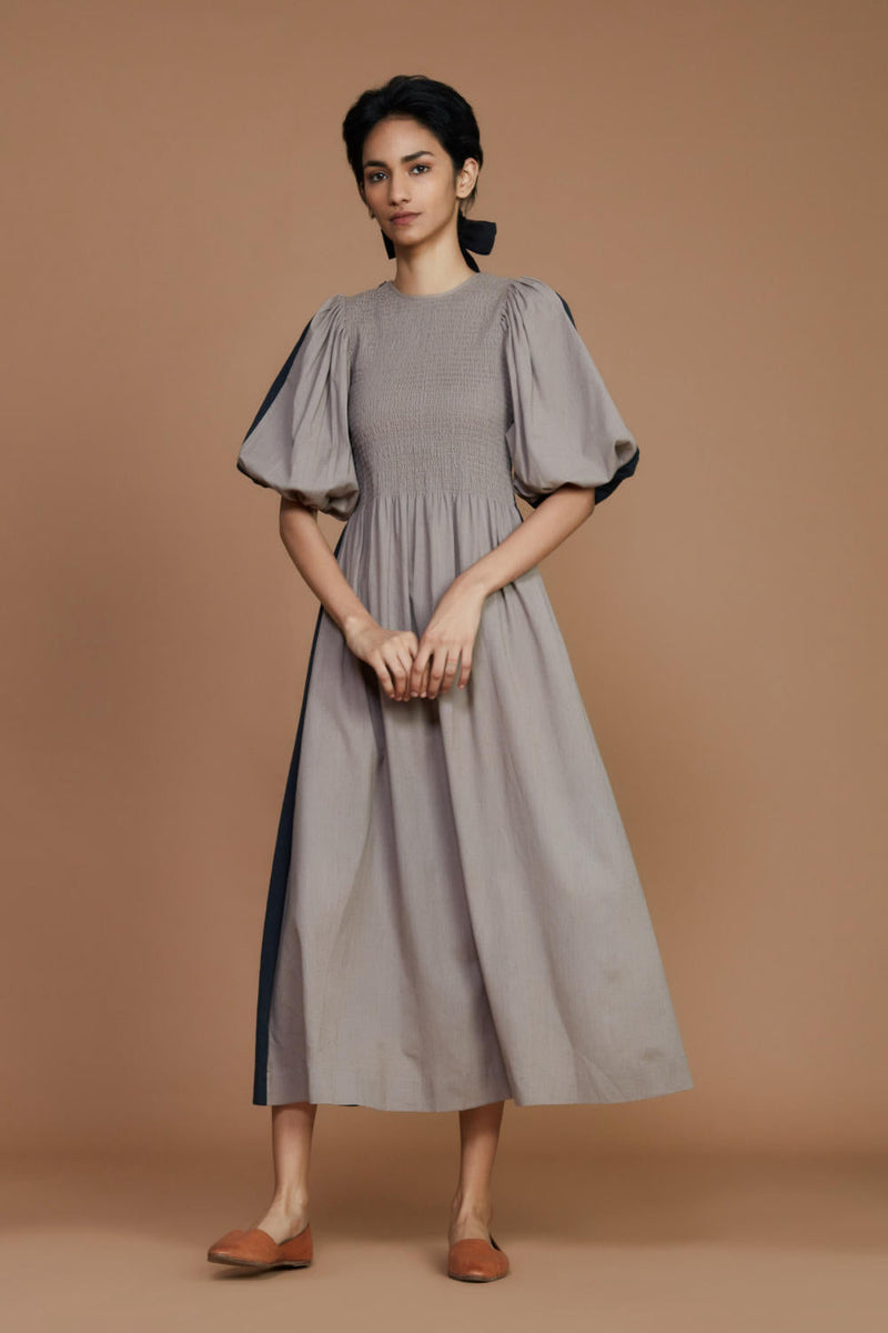 Reversible Smocked Balloon Sleeve Grey & Charcoal Dress by Mati for women in Singapore