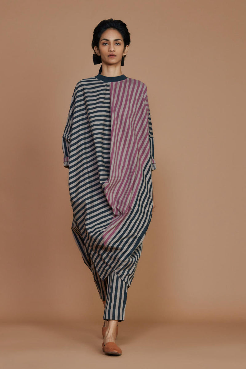 Ribbed Cowl Tunic Striped Grey Co-ord Set Co-ord Set,Dress by Mati for women in Singapore
