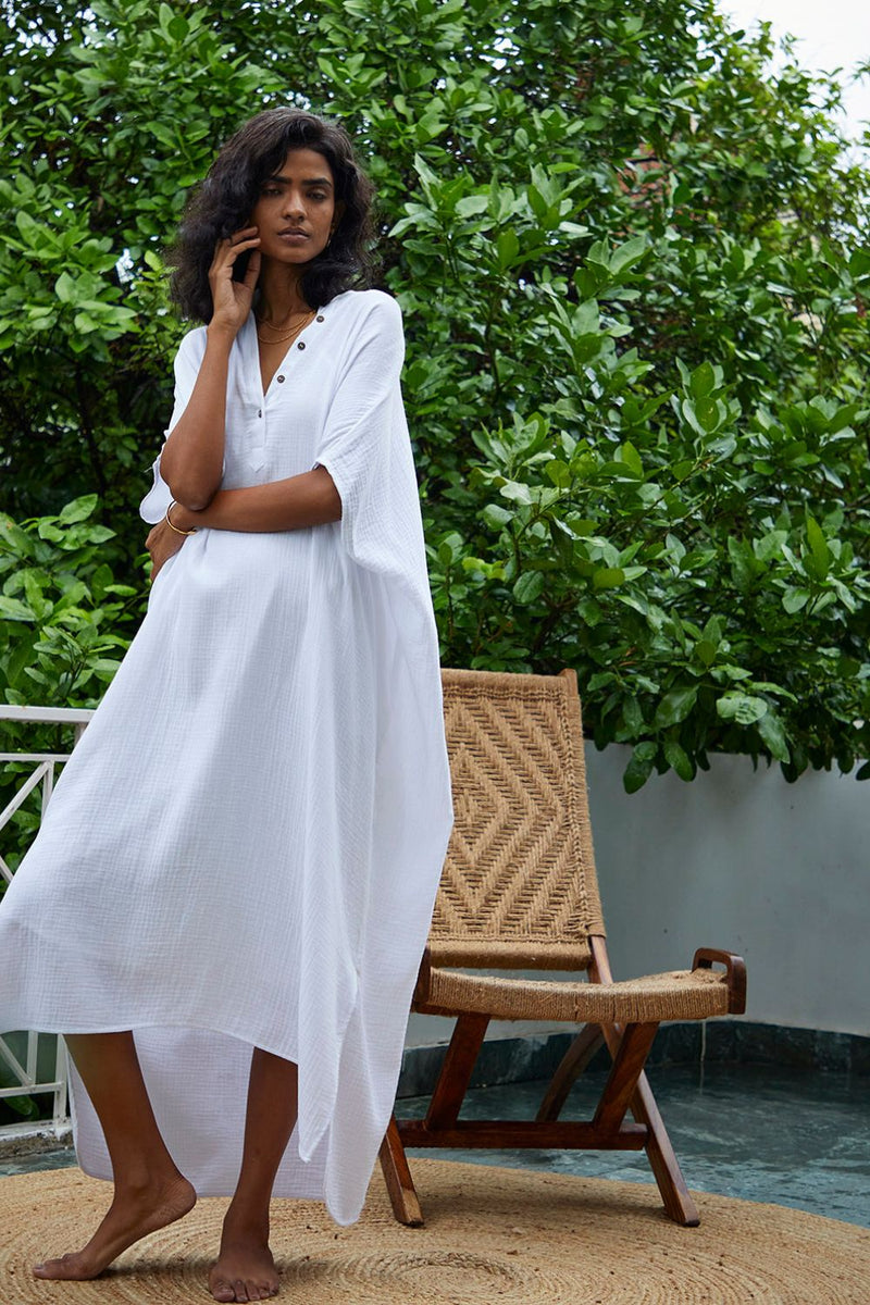 Salt Kaftan Lounge Wear by Khara Kapas in white for women in Singapore