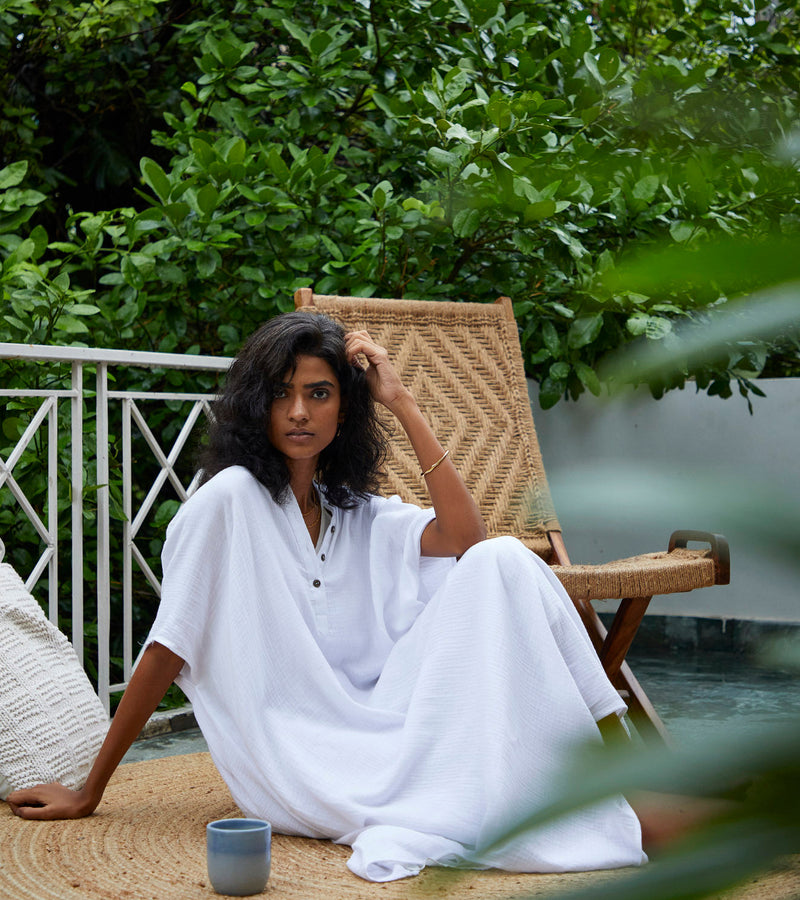 Salt Kaftan Lounge Wear by Khara Kapas in white for women in Singapore