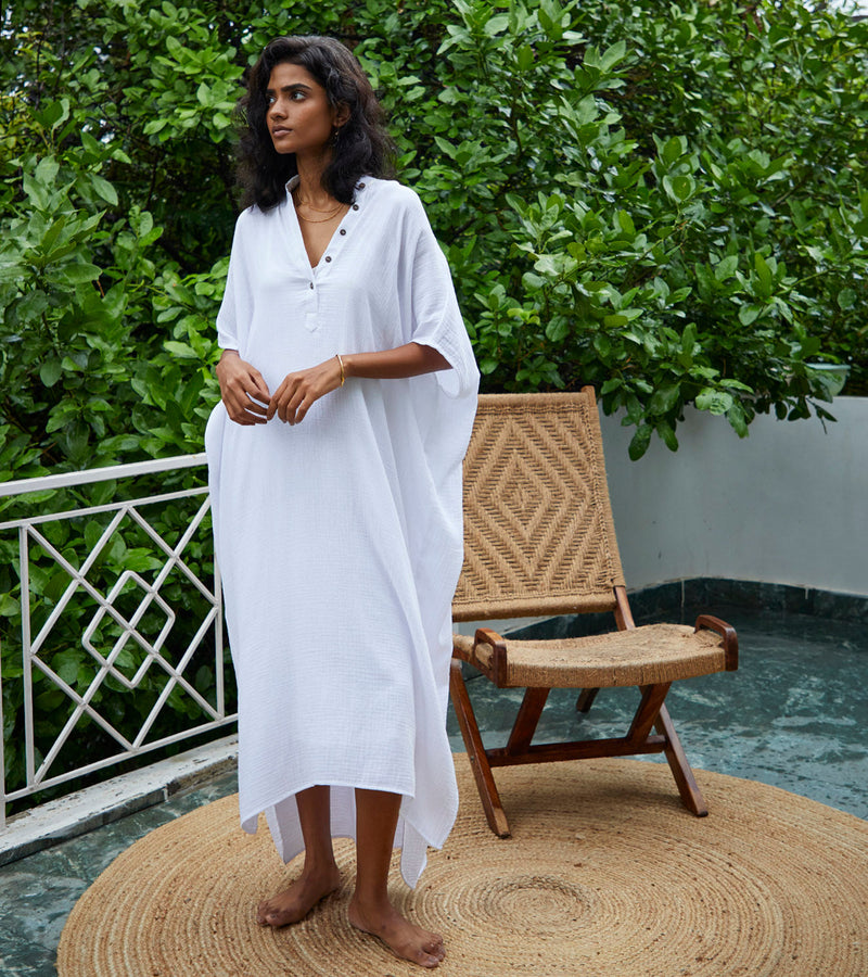 Salt Kaftan Lounge Wear by Khara Kapas in white for women in Singapore