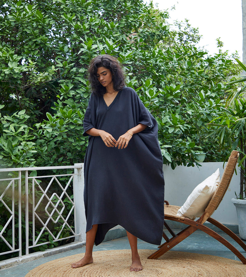 Shadow Kaftan Lounge Wear by Khara Kapas in black for women in Singapore