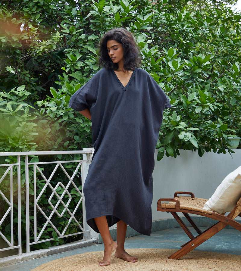 Shadow Kaftan Lounge Wear by Khara Kapas in black for women in Singapore