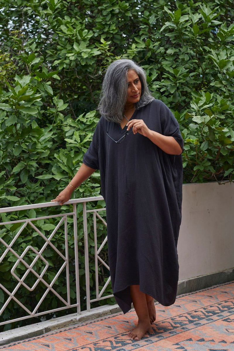 Shadow Kaftan Lounge Wear by Khara Kapas in black for women in Singapore