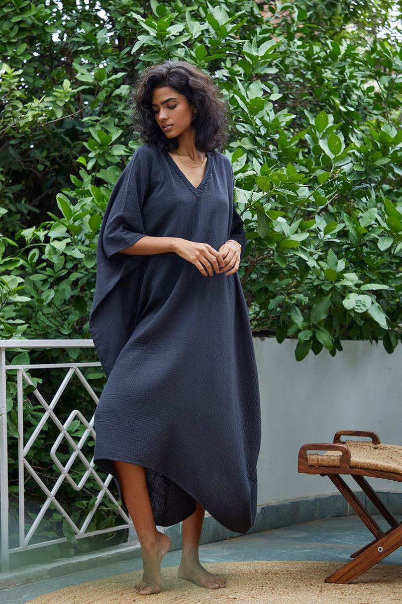 Shadow Kaftan Lounge Wear by Khara Kapas in black for women in Singapore