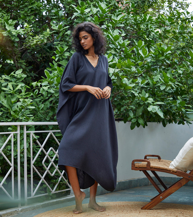 Shadow Kaftan Lounge Wear by Khara Kapas in black for women in Singapore