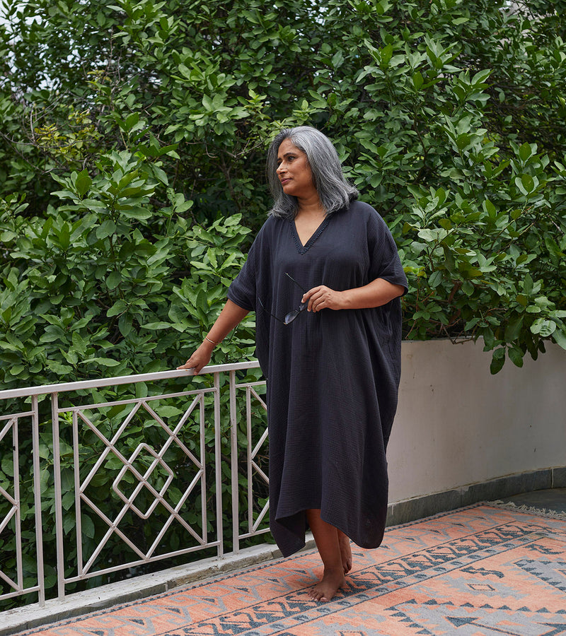 Shadow Kaftan Lounge Wear by Khara Kapas in black for women in Singapore