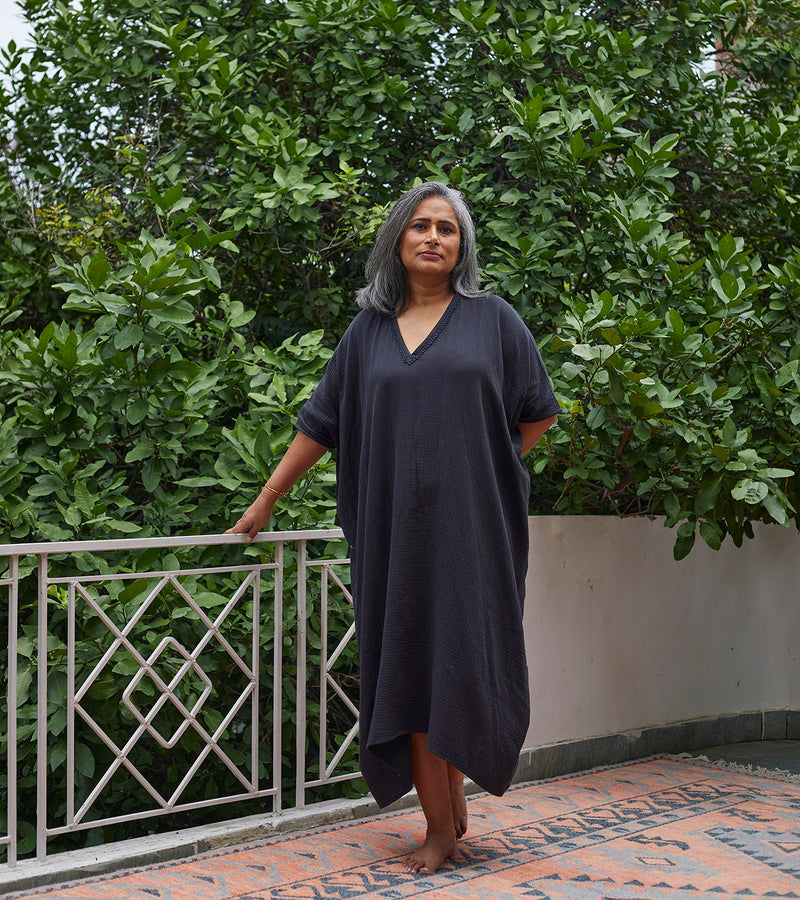 Shadow Kaftan Lounge Wear by Khara Kapas in black for women in Singapore