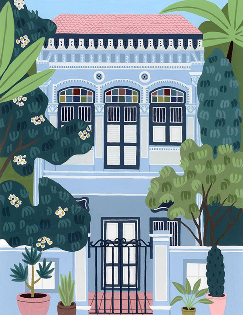 Singapore Shophouse Blue Fine Art Print Art EM + CO ART