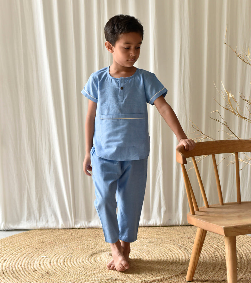 Stone Blue Co-ord Set Co-ord Set by Khara Kapas Kids for kids in Singapore